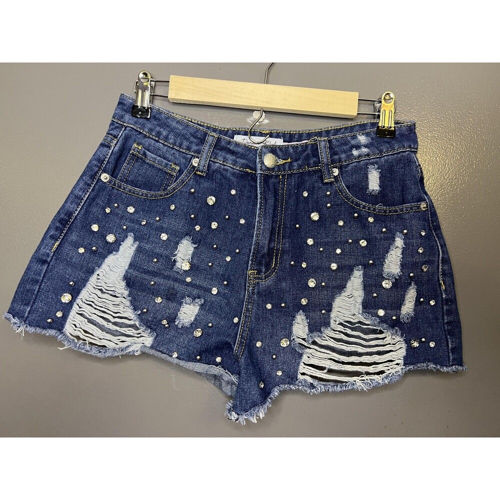 Denim Blvd Denim Shorts Womens Medium Blue Distressed Cutoff Rhinestone Studded